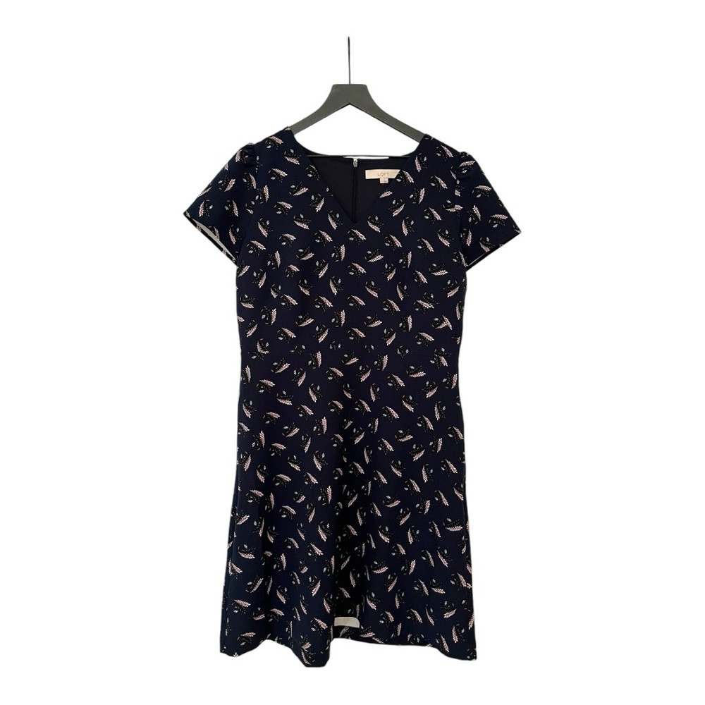 LOFT Navy Blue Short Sleeve Printed A-Line Dress